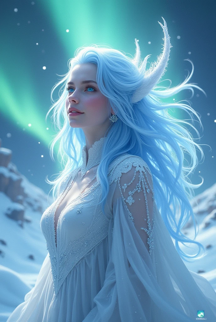Winter Gods, clear white skin, ice, frost, blizzard, snow, aurora borealis, arctic, blue hair, light blue eyes, silver, smiling, ice spirit, snow spirit, fantasy, light particles, realistic, high resolution, high detail, high resolution,