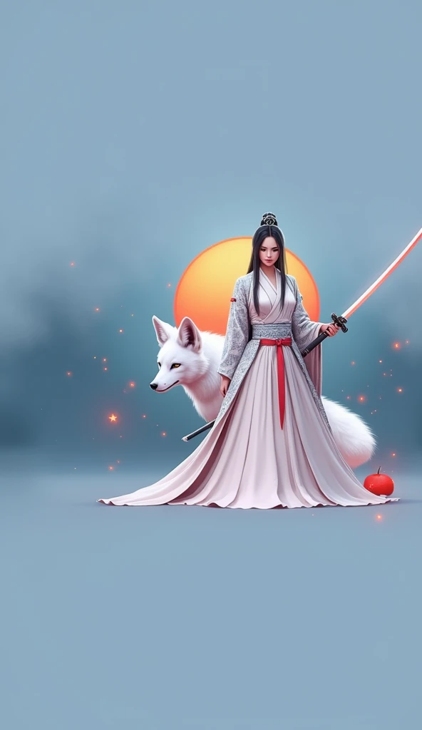 The enigmatic samurai woman (Musashi Miyamoto) wielding a long Japanese sword, Splitting with each powerful slash、Enveloped in the mist that obscures vision, Revealing a vivid and otherworldly scene, The clarity of the sword's slash against the hazy background, Mysterious Background, The white fox's sharp gaze met the viewer's., A layer of ethereal mist shrouding the foreground, Piercing, clear eyes, An exquisite and detailed kimono, Dramatic lighting and colors
