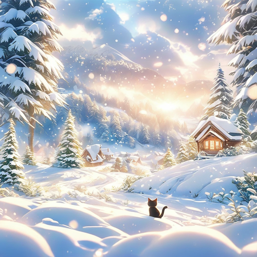 Snow Scene，snow，Cat（（（Romantic atmosphere）））（（（fairy tale elements）））（（（masterpiece）））， （（best quality））