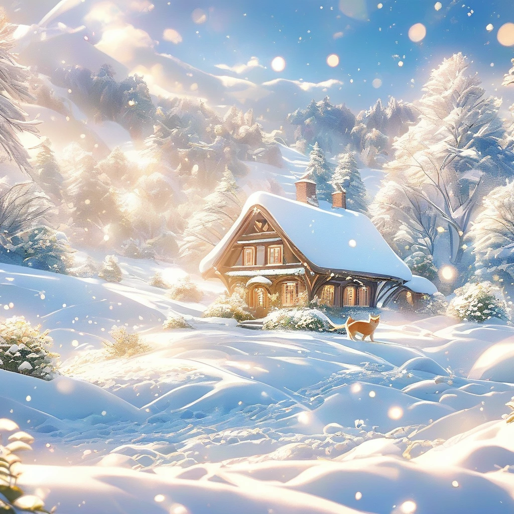 Snow Scene,snow,Cat(((Romantic atmosphere)))(((fairy tale elements)))(((masterpiece))), ((best quality))
