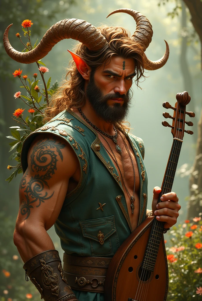 "A gallant and virile adult faun with small, refined horns that curve elegantly from his forehead. He has a jovial figure with a medium build, characterized by a lean but muscular physique that highlights both strength and agility. His face, adorned with a well-kept beard resembling a goatee and a slender nose, is highlighted by a charming, confident smile that adds to his rugged allure. His skin is sun-kissed, and his dark chestnut brown hair is thick and wavy, cascading around his shoulders with a few leaves and wildflowers interwoven. His eyes are a striking, brilliant green, shining with life and energy. Scars from past battles are scattered across his toned, muscular body, each one a mark of experience and resilience. He wears a finely tailored vest over a loose, open-necked shirt, decorated with intricate patterns of vines and musical notes in rich, golden thread. A beautifully crafted lute rests on his back, and he holds a well-worn wooden flute in his hand, symbolizing his deep passion for music. His presence is confident and inviting, with a natural air of charisma, while the surrounding air hums with a lively melody that reflects his skill as a bard and his joyful yet battle-hardened connection to the world around him."
