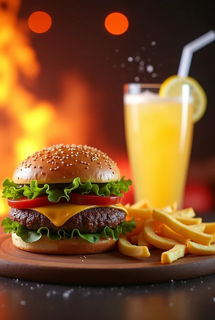 hamburger with fries and a very cold lemonade with sparkles and a bbq-colored background and lots of fire