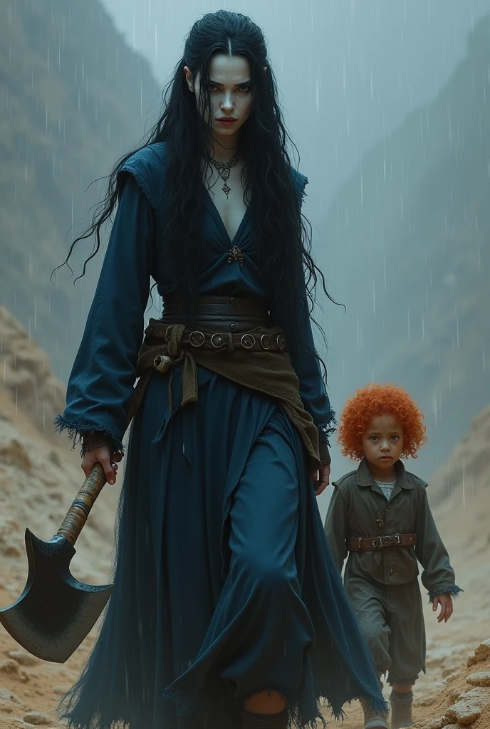 In a dessert, in rainy weather, a woman with very long black hair and white skin, dressed in dark blue and an axe in her hands and behind her stands a  boy with curly red hair