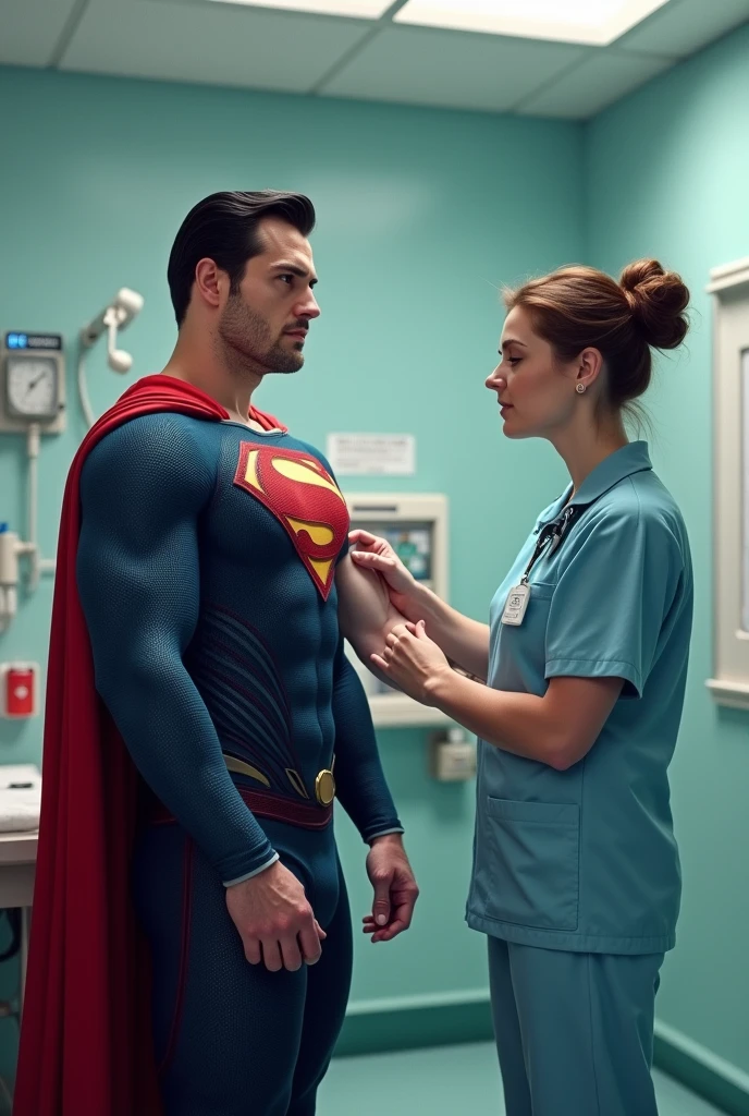 Superman gets vaccinated in his arm at a hospital.