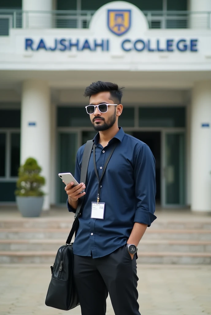 A man , standing in front of Rajshahi college, wearing navy blue shirt with id card , waring black pant and shoes, with collage bag, white sunglass, low fade cutting smooth hair , watch in left hand , smart phone in right hand ,