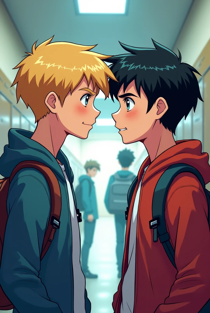 two guys. One has blonde hair and blue eyes, one has black hair and black eyes. Still at student age,drawn comic style.Fellow high school students.Age is about 17-18 so he looks handsome and a bit mature ,look at each other