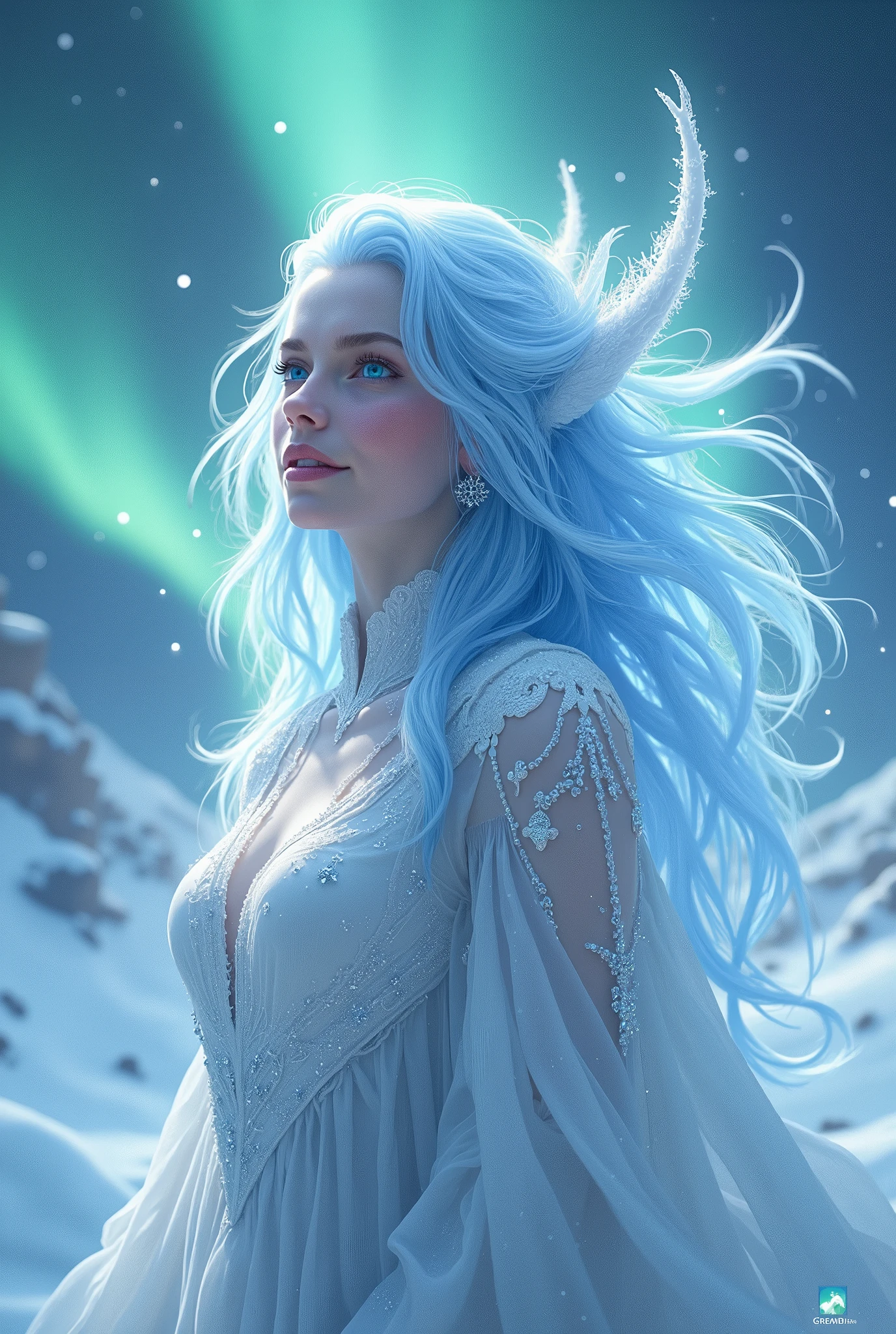 Winter Gods, clear white skin, ice, frost, blizzard, snow, aurora borealis, arctic, blue hair, light blue eyes, silver, smiling, ice spirit, snow spirit, fantasy, light particles, realistic, high resolution, high detail, high resolution,