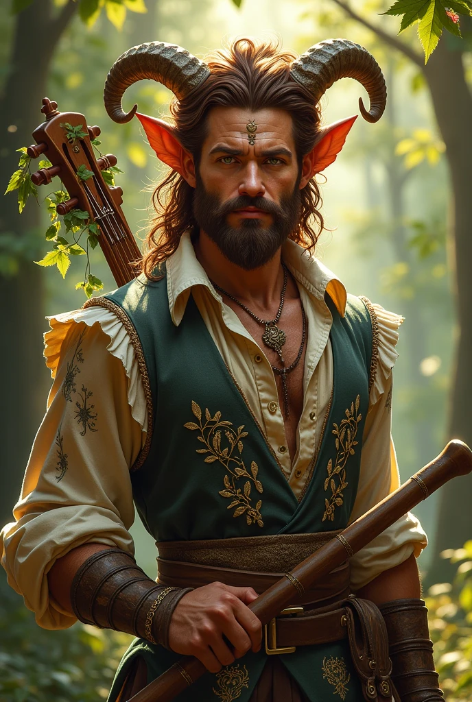 "A gallant and virile adult faun with small, refined horns that curve elegantly from his forehead. He has a jovial figure with a medium build, characterized by a lean but muscular physique that highlights both strength and agility. His face, adorned with a well-kept beard resembling a goatee and a slender nose, is highlighted by a charming, confident smile that adds to his rugged allure. His skin is sun-kissed, and his dark chestnut brown hair is thick and wavy, cascading around his shoulders with a few leaves and wildflowers interwoven. His eyes are a striking, brilliant green, shining with life and energy. Scars from past battles are scattered across his toned, muscular body, each one a mark of experience and resilience. He wears a finely tailored vest over a loose, open-necked shirt, decorated with intricate patterns of vines and musical notes in rich, golden thread. A beautifully crafted lute rests on his back, and he holds a well-worn wooden flute in his hand, symbolizing his deep passion for music. His presence is confident and inviting, with a natural air of charisma, while the surrounding air hums with a lively melody that reflects his skill as a bard and his joyful yet battle-hardened connection to the world around him."






