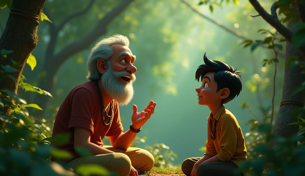 In 3D animation style:*Ram Lal telling Mohan about the treasure**: Ram Lal narrating the legend of a hidden treasure in the dense jungle, with Mohan listening intently, his eyes wide with excitement and fear.