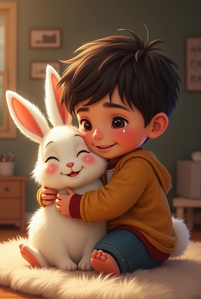 A dark-skinned boy with emo hair hugging a black and white guinea pig