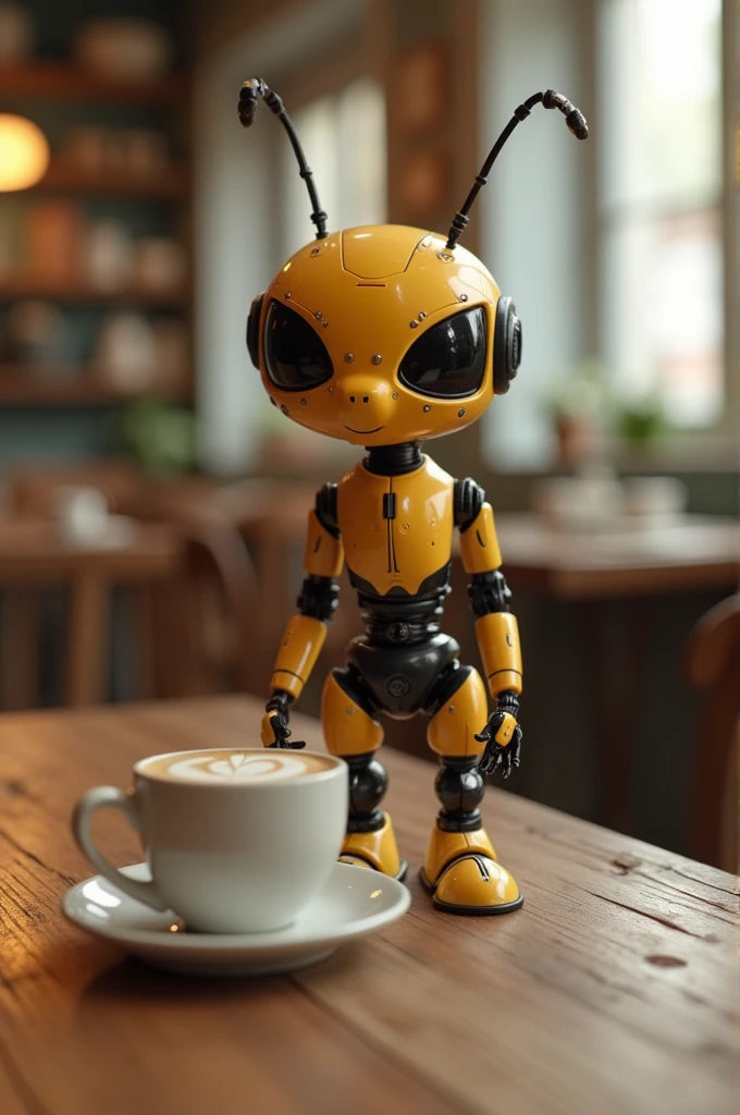 A ant with robot in her cafe