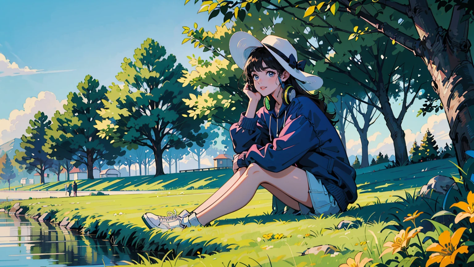 masterpiece,best quality,very detailed,absolute resolution,high resolution,Young Asian woman in a vibrant park landscape. Wearing a white hat, Navy blue sweatshirt with museum text in bright pink. White headphones on neck. casual pose, A slightly smiling and tilting her head. background: Blue lawn contrasting with dark blue man-to-man. Trees in various shades of green. People in colorful clothes are relaxing on the lawn.. Bright sunshine in a clear blue sky. Yellow flowers scattered across the foreground. White 'Chill Playlist' text overlay in the top left corner. White audio waveform at the bottom. high contrast, A scene full of vivid colors. casual, Feeling comfortable. high quality, Vivid photos with a colorful palette