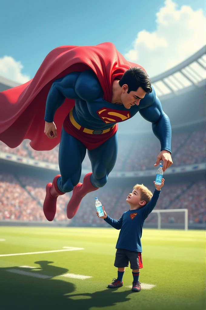 Superman flies to the football field and gives the boy a bottle of water
