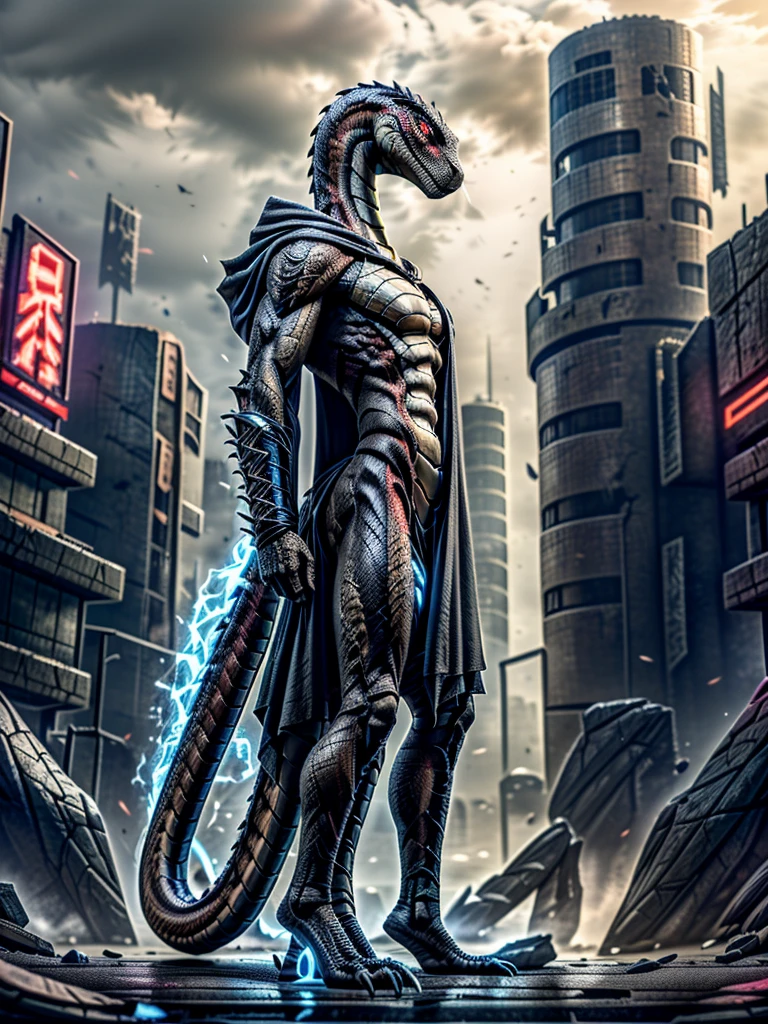 (the snake Assassin Legend death of legends), (stands at 10'9 feet tall), (Raptor-like appearance), (black Scales, symbol glowing tail), (4 eyeed face 2 red, the other two blue), (wearing a black hooded, mask covering his mouth), (Damaged Slender body). (Long neck) (Hushed back) (dystopian background).