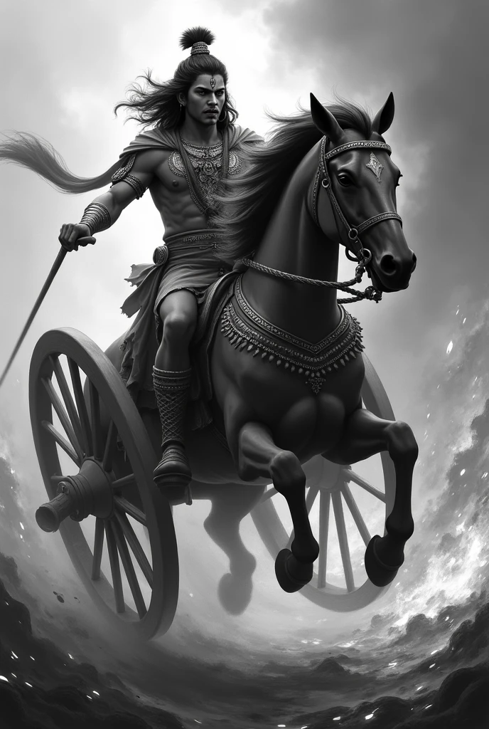 Abhimanyu took the wheel of the chariot and jumped with full power in black & white. Flames all around