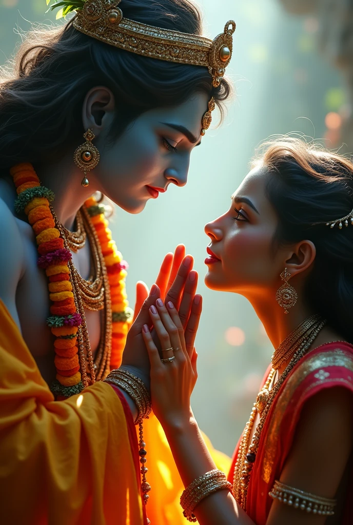 a lord krishna blessing his devotee,highly detailed, realistic, photorealistic, 8k, hyperdetailed, cinematic lighting, intricate details, dramatic, intense colors, vibrant, beautiful detailed eyes, beautiful detailed lips, extremely detailed face, long eyelashes, ornate clothing, divine, spiritual, holy, ethereal, glowing, mystical, sacred, heavenly, transcendent