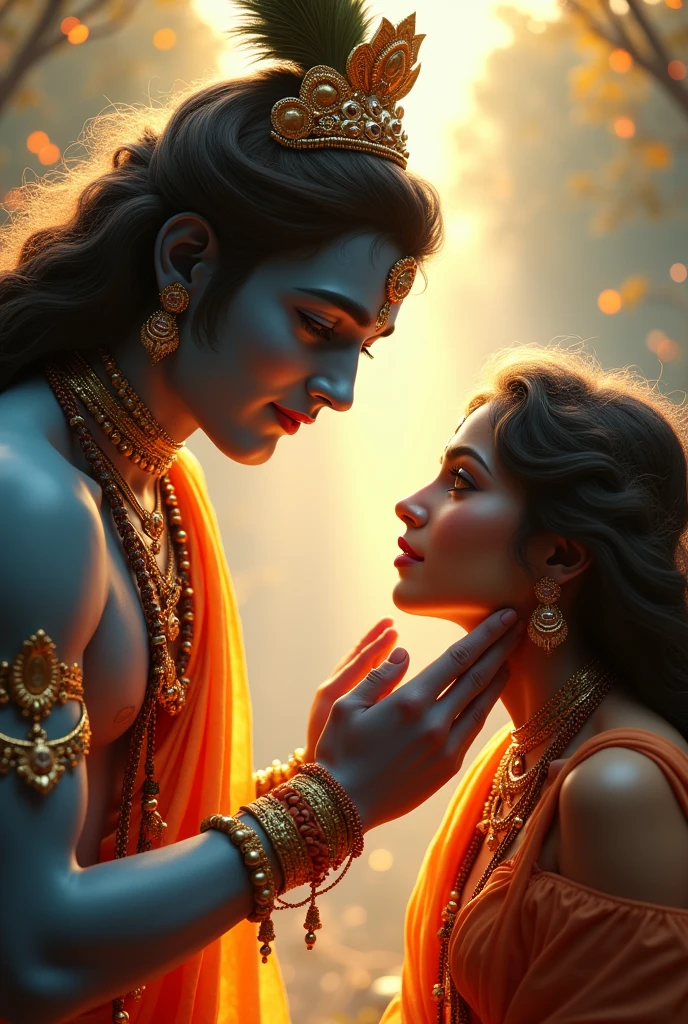 a lord krishna blessing his devotee,highly detailed, realistic, photorealistic, 8k, hyperdetailed, cinematic lighting, intricate details, dramatic, intense colors, vibrant, beautiful detailed eyes, beautiful detailed lips, extremely detailed face, long eyelashes, ornate clothing, divine, spiritual, holy, ethereal, glowing, mystical, sacred, heavenly, transcendent