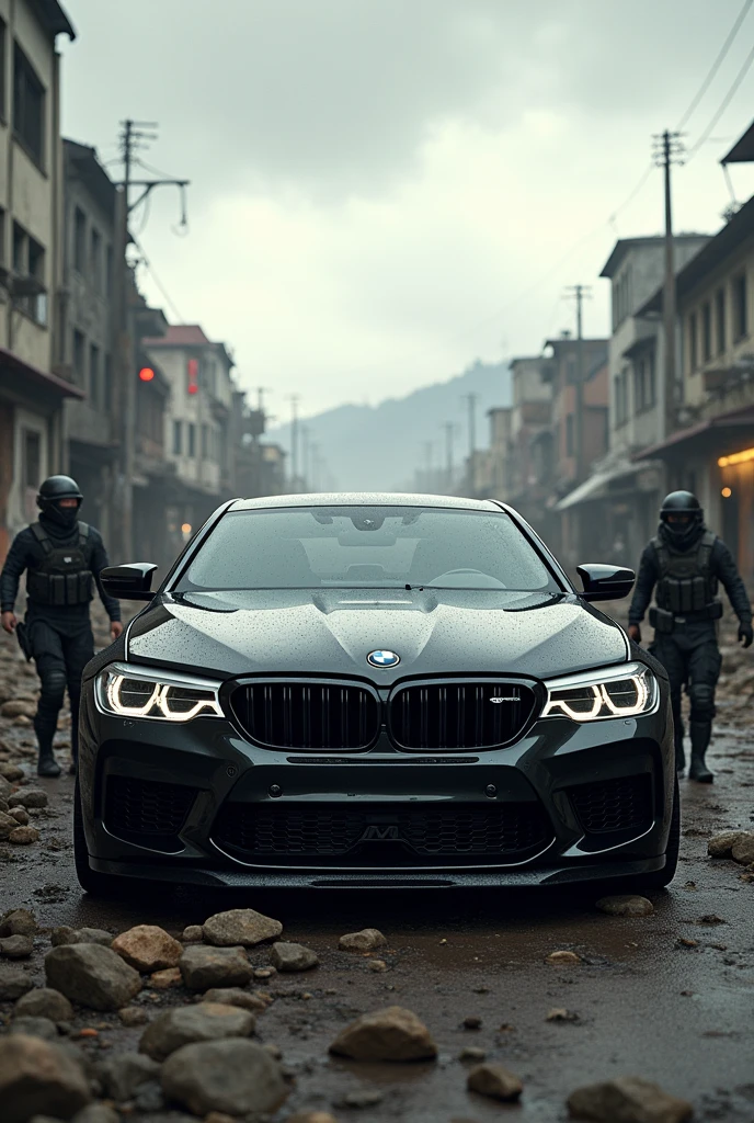 A Black BMW M5 Competition in PUBG game and the players walking around