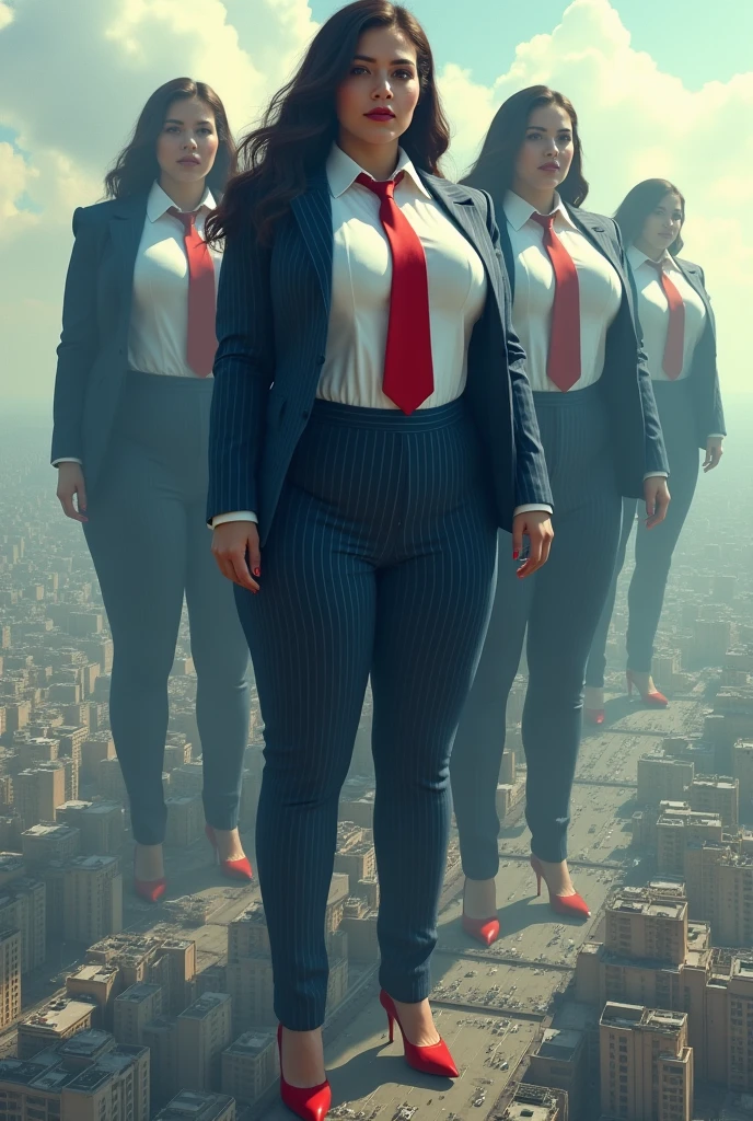 Aerial view of massive city, (heels massive bigger than city’s), looking down from above, women, curvy, very hourglass figre, huge breasts, white tailored shirt, (large red necktie, tied in Windsor knot) waist-length hair,Wearing a pair of red platform heels,distance shot, view from space) giga giantess multiple women, giga giantess, crushing city, young adults, curvy, a pair of huge breasts, slim, navy pinstriped suit,white tailored shirt, large Windsor knot red tie, Has waist-length hair,Wearing a pair of platform heels,A look of enjoyment, Beautiful appearance, smile, satellite view of city, giga giantess world in hand.
