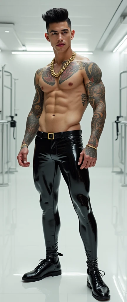 Fullbody standing picture of white Handsome muscular nude horny sexy gay boy wearing skinny tight shiny latex bodysuit, shiny black hair Disconnected Pompadour oiled hair style, shiny black varnished shoes, big golden neck chain, red lip, shiny black belt, six pack, tattoos, horny, cum shot, sperm, milking penis, very big penis, very big testicle, shiny oiled skin, orgasm, oversexed, masturbation, standing at white show room.
