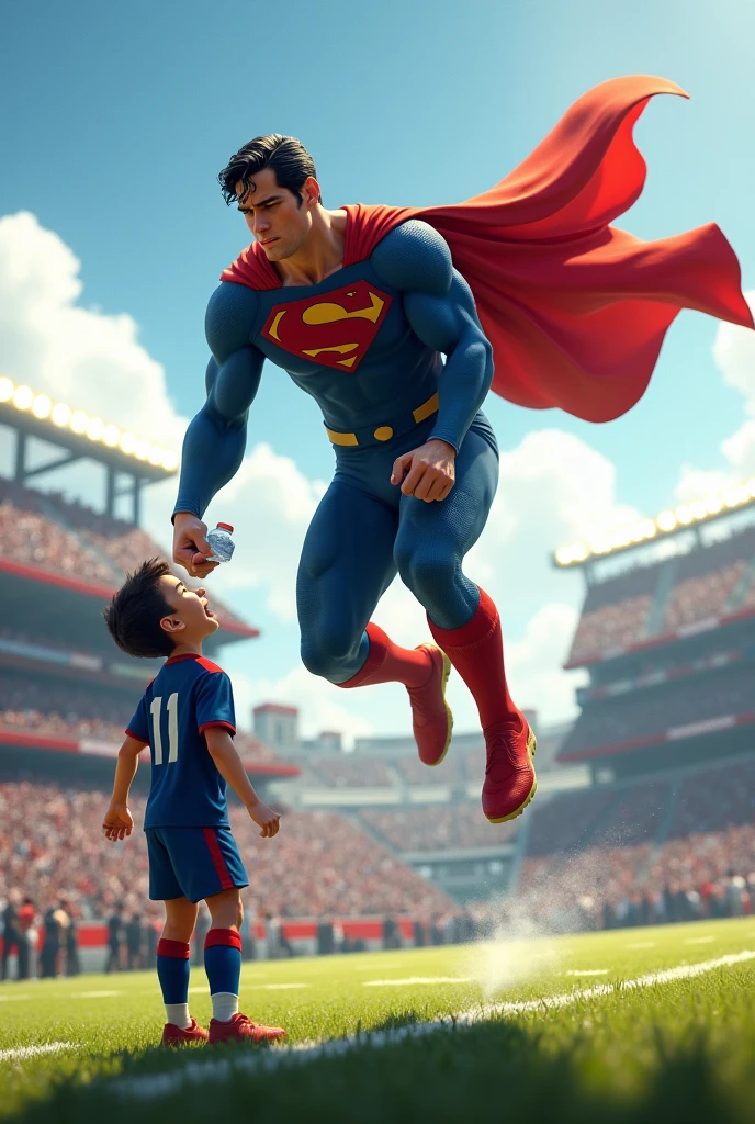 Superman flies to the football field and gives the teenager a bottle of water