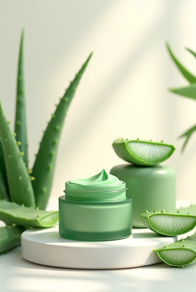 Créer un image avec un fond de texture crème blanche. Rajoute des masques de beauté vert et des plantes d'aloe vera