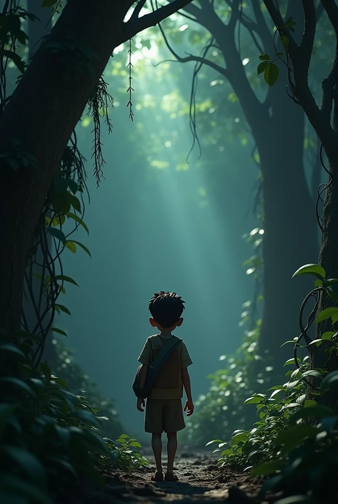 In 3D animation style:*Entering the dense jungle**: Mohan entering a dense, dark jungle filled with thick trees, vines, and mist, with a determined look on his face.