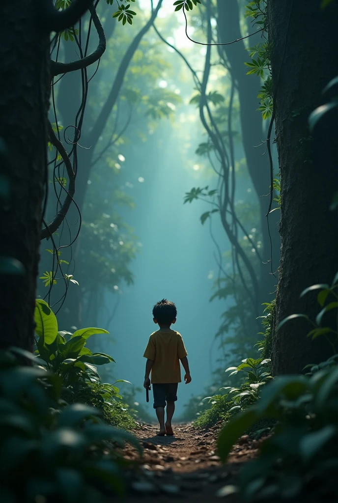 In 3D animation style:*Entering the dense jungle**: Mohan entering a dense, dark jungle filled with thick trees, vines, and mist, with a determined look on his face.