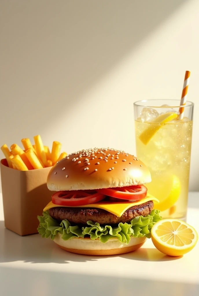 burger with shiny flat bread with a box of fries and a very cold lemonade