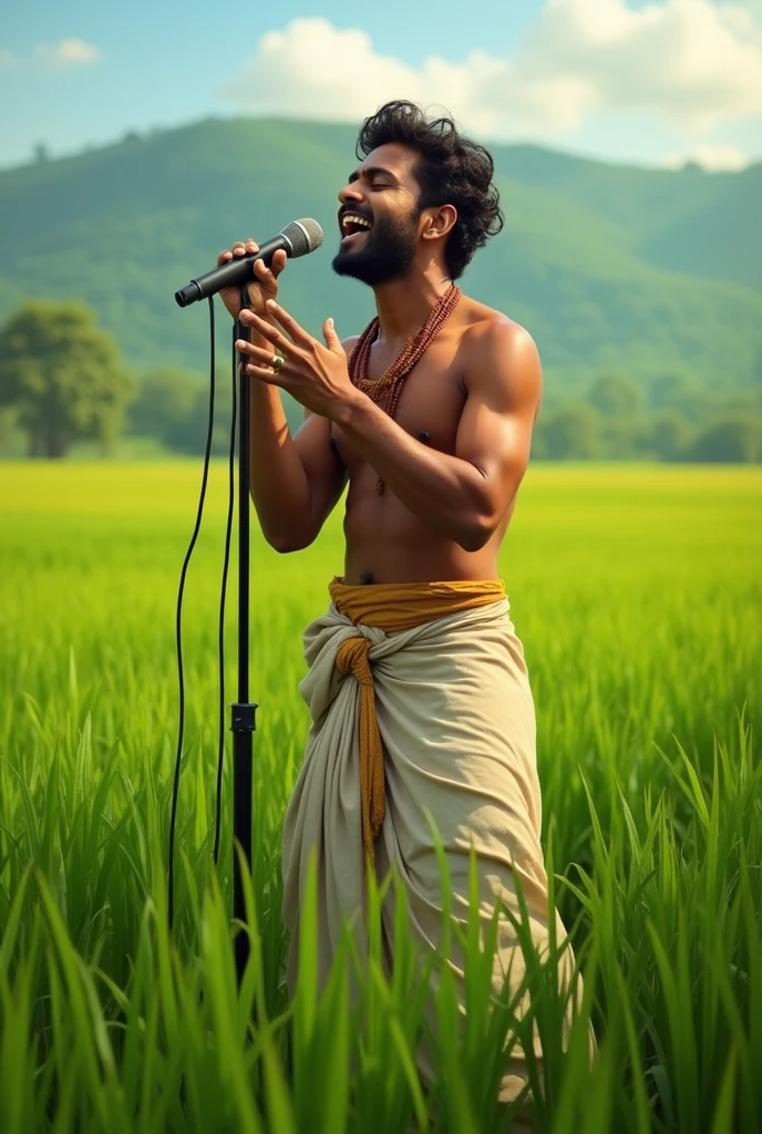 മലയാളി യുവാവ് പാടത്ത് മൈക്കയിൽ പാടുന്നു