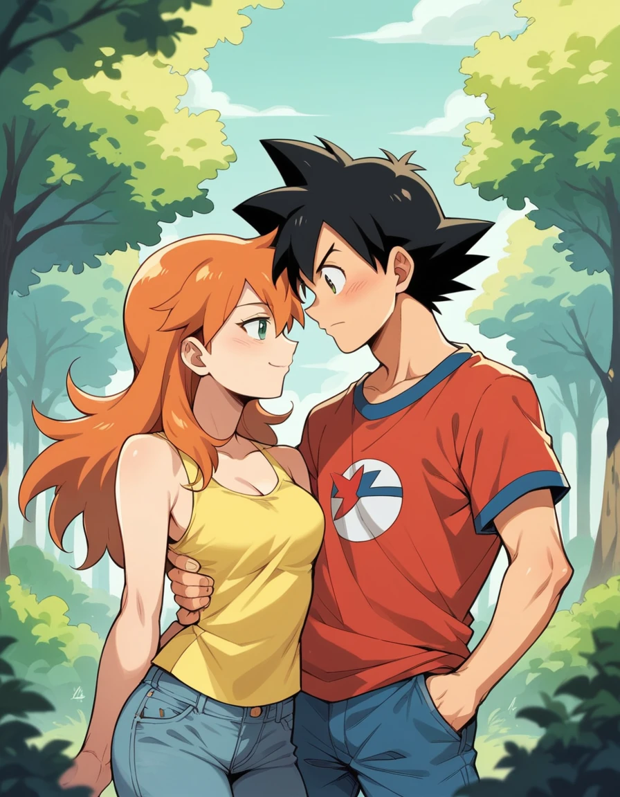 1boy, ash ketchum, black hair, brown eyes, hair between eyes, ash ketchum, black t-shirt, jeans, handsome boy, macho, good looking boy 1girl, misty pokemon, green eyes, orange hair, long hair, hair down, yellow crop top, jeans, pretty, beautiful girl photograph of a 1 couple, on a forest, they're showing off their love and affection for each other, they're caressing, intimacy