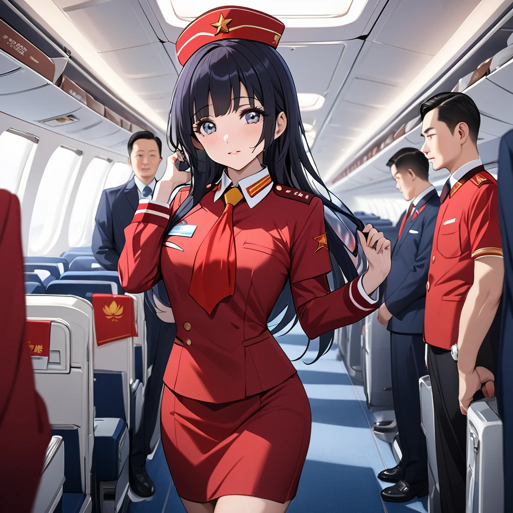 ((Highest quality)), ((masterpiece)), (detailed), (Perfect Face)、The woman is Reika Aoki with semi-long hair、The woman is a flight attendant for a Chinese airline who works exclusively for the Communist Party of China and serves them wholeheartedly.、Red Uniform