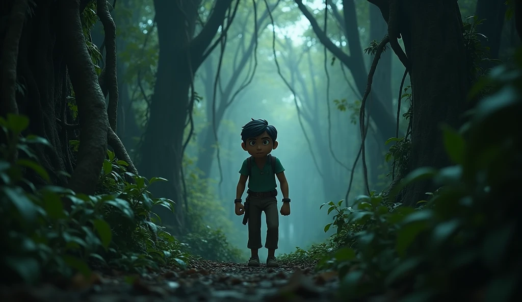 In 3D animation style:*Entering the dense jungle**: Mohan entering a dense, dark jungle filled with thick trees, vines, and mist, with a determined look on his face.