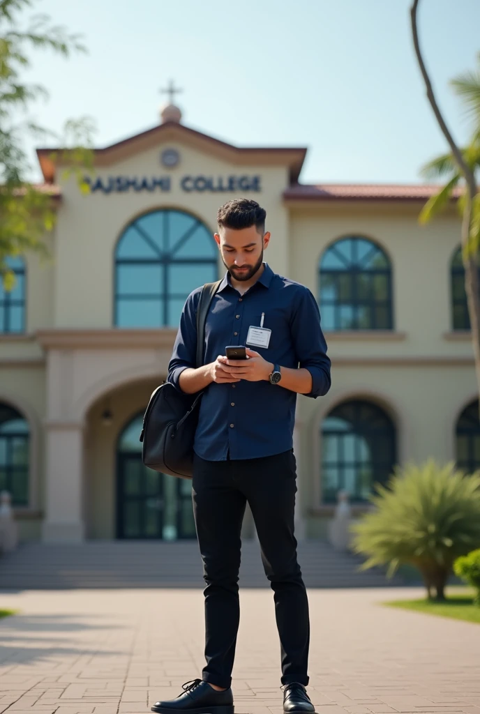 A Braun man , standing in front of Rajshahi college, wearing navy blue shirt with id card , waring black pant and shoes, with collage bag, low fade cutting smooth hair , watch in left hand , smart phone in right hand ,