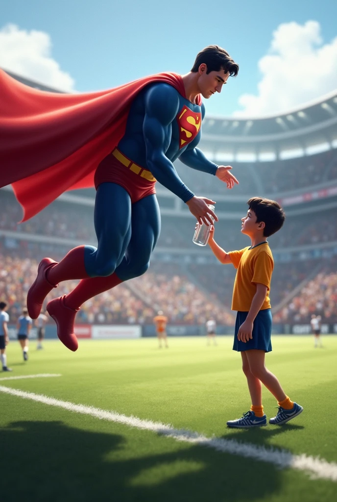 Superman flies to the football field and gives the teenager a bottle of water 