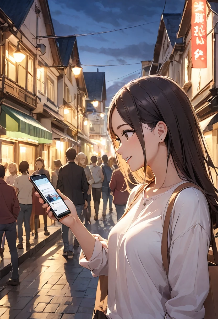 meeting,woman,Casual clothing,Touch your smartphone,View smartphone,town,