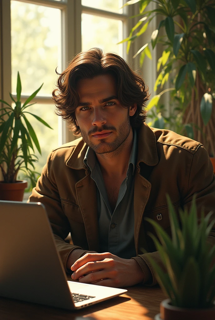(photorealism:1.2), beautiful man, sitting on table, wearing a jacket , long curly hair, indoors, soft lighting, plants in background, with a laptop, window with sunlight, cozy room, relaxed pose, realistic, intricate details, warm colors, by Greg Rutkowski, by Alphonse Mucha , little bit smile
Steering in front of camera