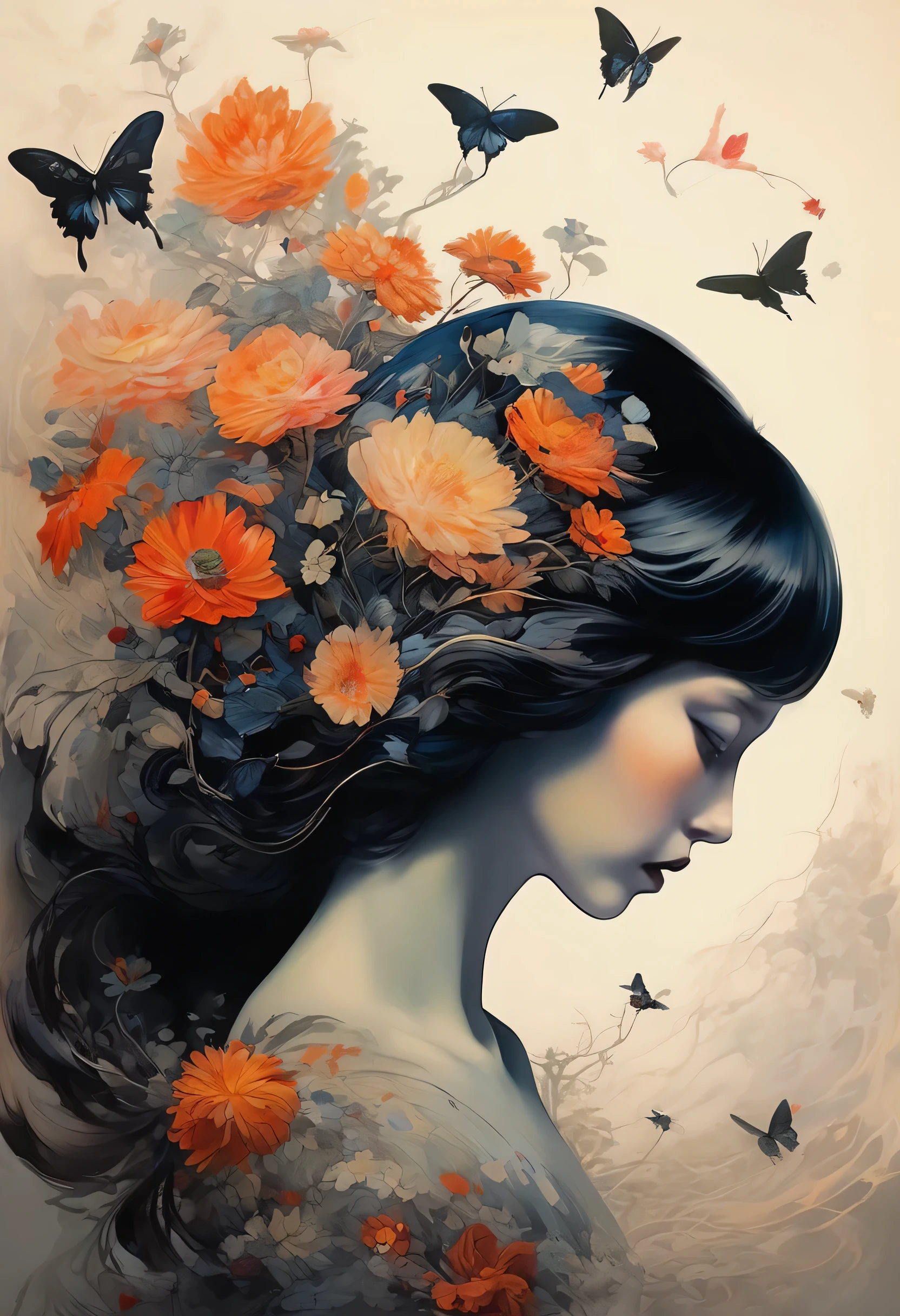 (Sensual illustration chiaroscuro), Illustration art, By Irina Kapi. Surrealism, Vintage Abstraction,  (Painting of a girl with wings flying in the sky over a flower field full of colorful flowers.:1.2), Super detailed、Black winged woman, Highest quality, masterpiece, Painting, Concept Art, Emotional, Atmospheric, Romantic aesthetics, Represents transformation and the ability to see beyond the surface、Ultra high definition、(deep, Delicate colors) paint (draw) 、The highest masterpiece、Highest quality、