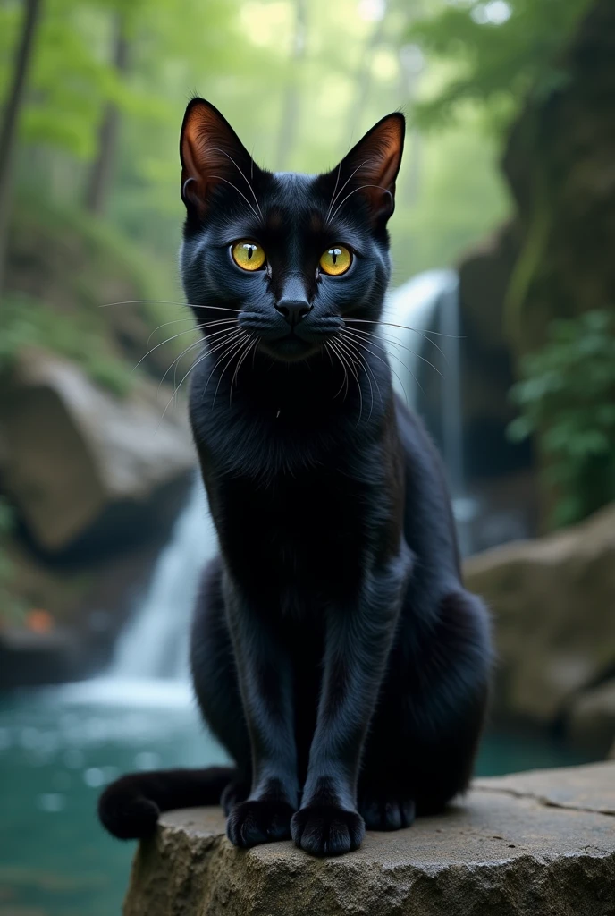 Black normal cat with dark
yellow eyes.sitting on a stone with background waterfall with forest.