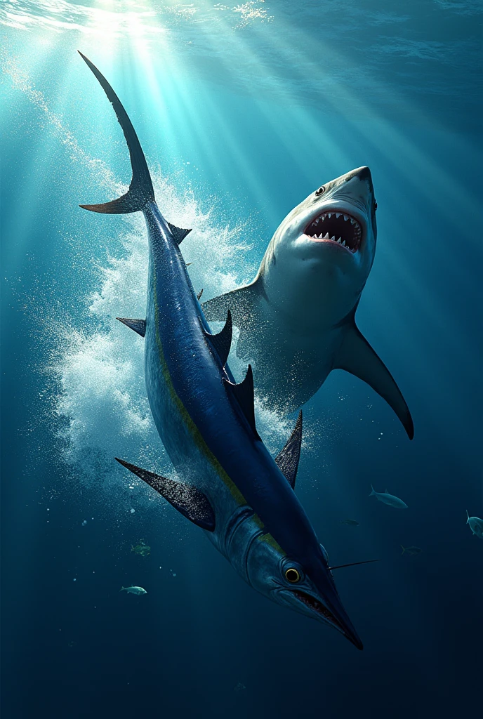 Bluefin chasing shark, sea background, tense atmosphere,