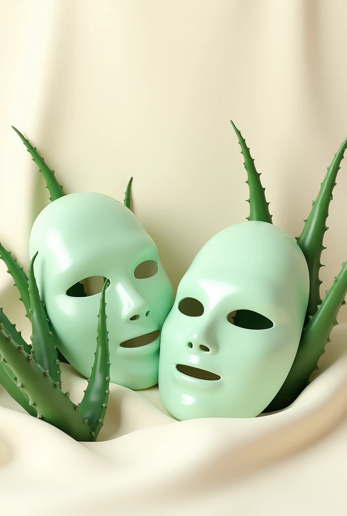 Créer un image avec un fond de texture crème blanche. Rajoute des masques de beauté vert et des plantes d'aloe vera. Ils faut que les objet rentre dans la crème 