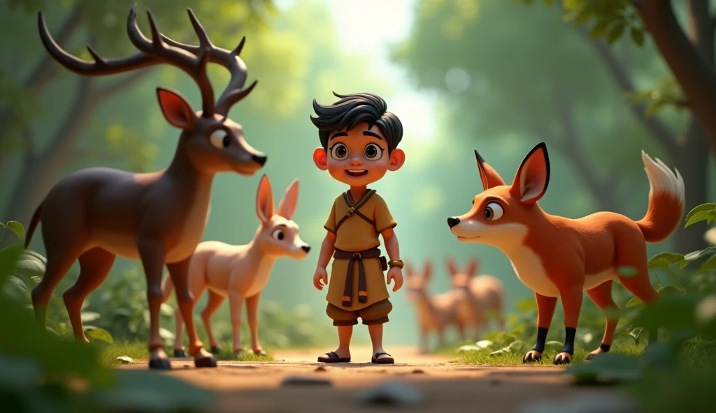 In 3D animation style:**Encounter with wild animals**: Mohan facing a group of wild animals, including a deer, a snake, and a fox, looking startled but brave.