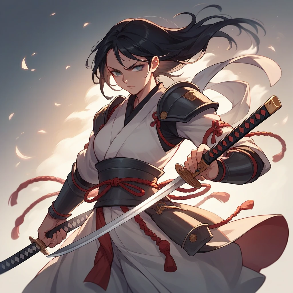 Female samurai in armor,beautiful,The old days,Woman 1,holding a katana sword,best pictures,black hair,gray eyes,sexly,Action