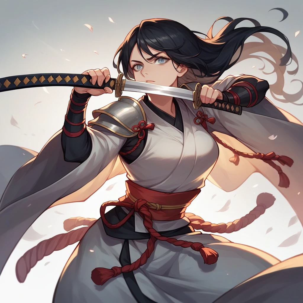 Female samurai in armor,beautiful,The old days,Woman 1,holding a katana sword,best pictures,black hair,gray eyes,sexly,Action