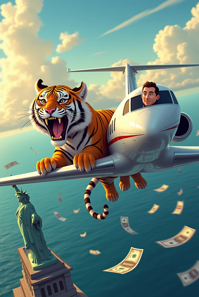 (best quality, masterpiece), (private jet gulfstream G650ER, fly across the ocean, Towards America, below you can see the statue of liberty,), (tiger holding airplane wing, scared tiger facial expression, tiger screaming), (there are banknotes flying behind the plane),(cartoon of man sticking his head out of airplane window, looking at the tiger), (afternoon, the sun is almost setting)
