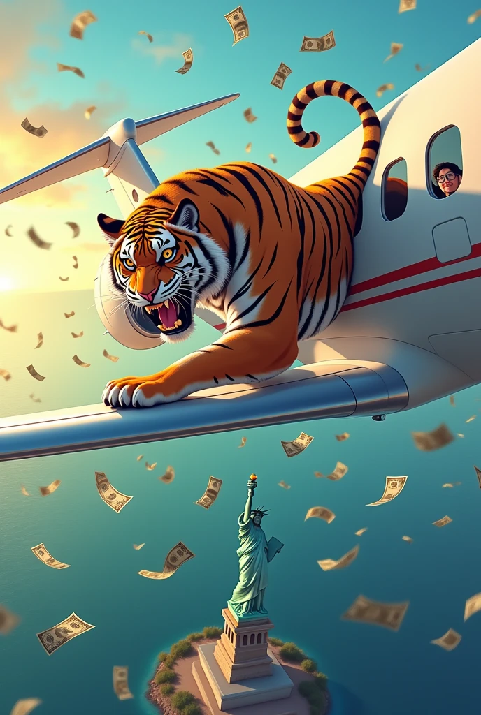 (best quality, masterpiece), (private jet gulfstream G650ER, fly across the ocean, Towards America, below you can see the statue of liberty,), (tiger holding airplane wing, scared tiger facial expression, tiger screaming), (there are banknotes flying behind the plane),(cartoon of man sticking his head out of airplane window, looking at the tiger), (afternoon, the sun is almost setting)
