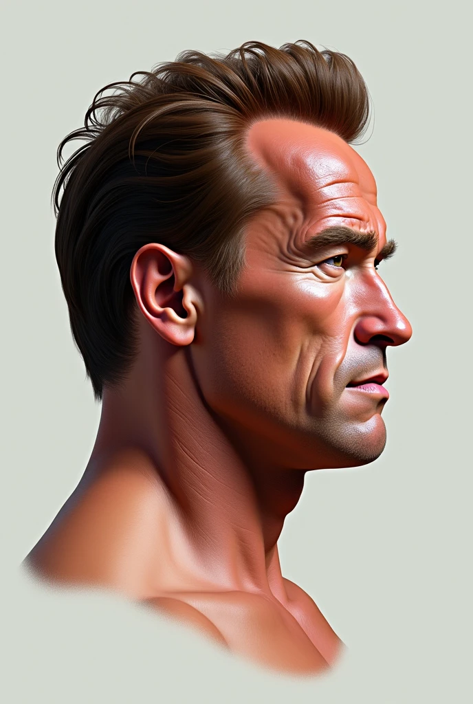 2d flat Photorealistic image capturing the exact right profile of Arnold Schwarzenegger. The image should be highly detailed, showing the full side view of the face, including the ear, jawline, and neck, with accurate anatomical proportions. The subject is positioned with their head facing forward and perpendicular to the camera, under soft, even lighting to minimize shadows. The background is neutral, and the camera is set at eye level with a telephoto lens to avoid distortion. The resulting image should be suitable for precise anatomical measurements. Arnold Schwarzenegger