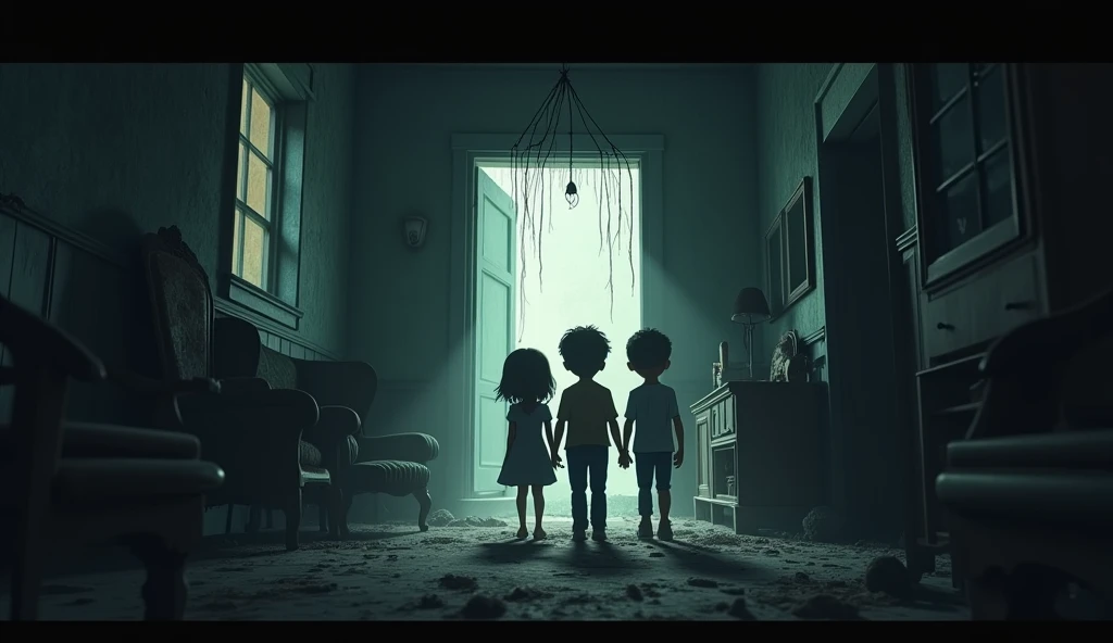 Generate a high quality, realistic seen in cinematic 3d
cartoon style ** The kids enter the dark, dusty interior of the house. There are cobwebs hanging from the ceiling, broken furniture scattered around, and faint light streaming through the broken windows.