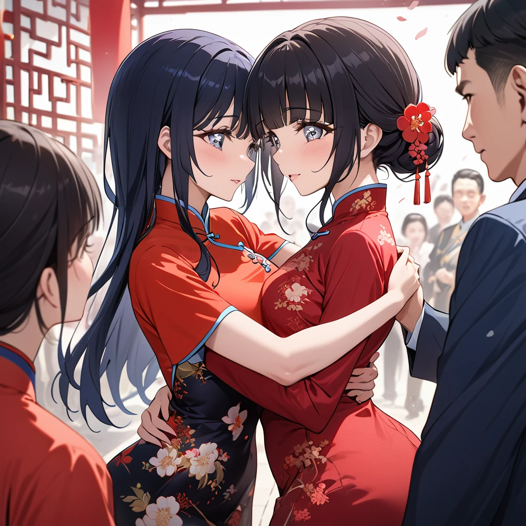 ((Highest quality)), ((masterpiece)), (detailed), （Perfect Face）、The woman is Reika Aoki with semi-long hair、The woman is wearing a gorgeous cheongsam for a party in China and is embracing a great Chinese Communist Party official in a frenzy.