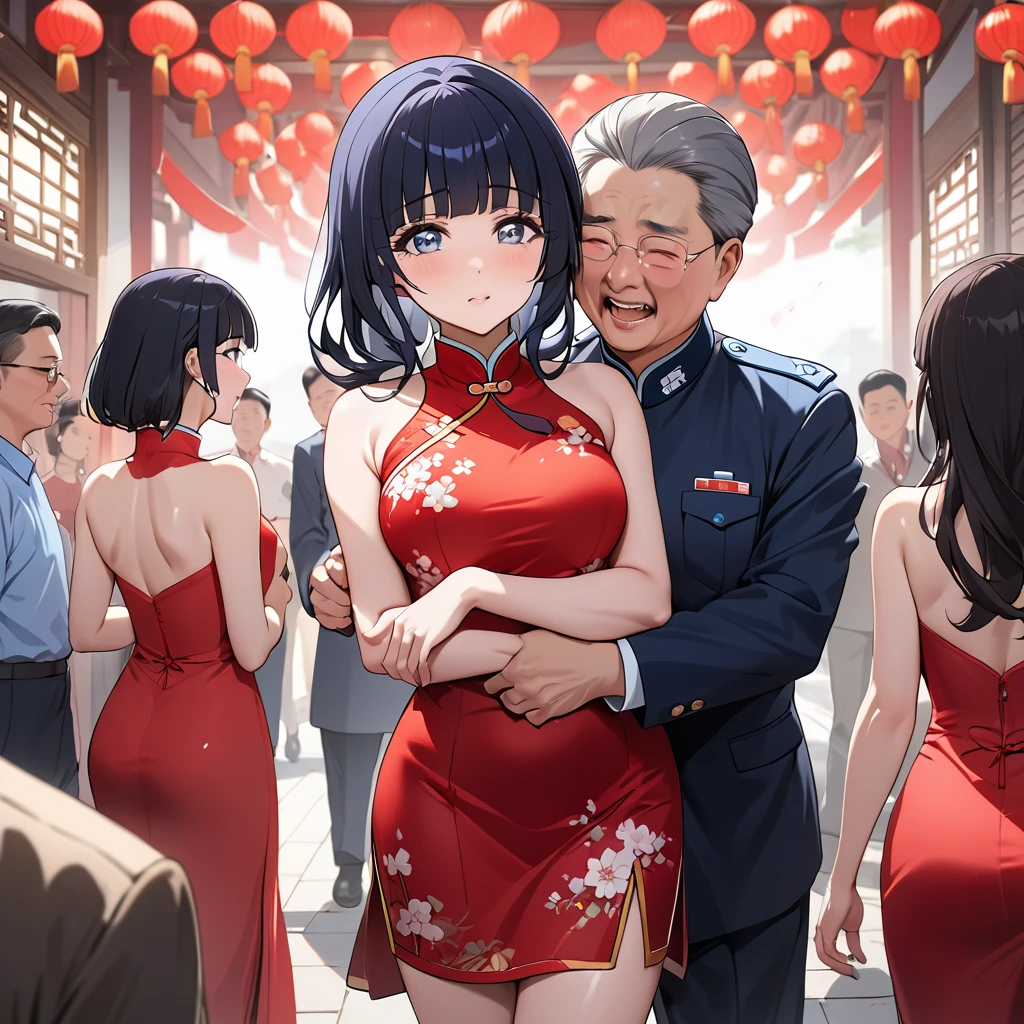 ((Highest quality)), ((masterpiece)), (detailed), （Perfect Face）、The woman is Reika Aoki with semi-long hair、The woman is wearing a gorgeous cheongsam for a party in China and is embracing a great Chinese Communist Party official in a frenzy.